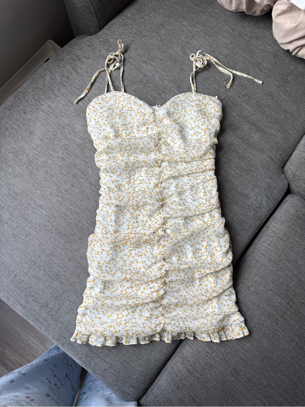 Floral Ruched Tie spaghetti strap Mini Dress in Yellow Small